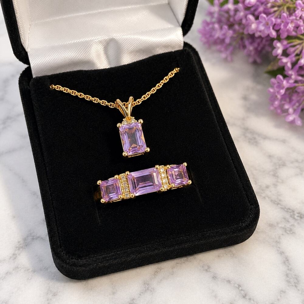 Gold-Tone Faux Sapphire Necklace & Three-Stone Ring Set | Size 9